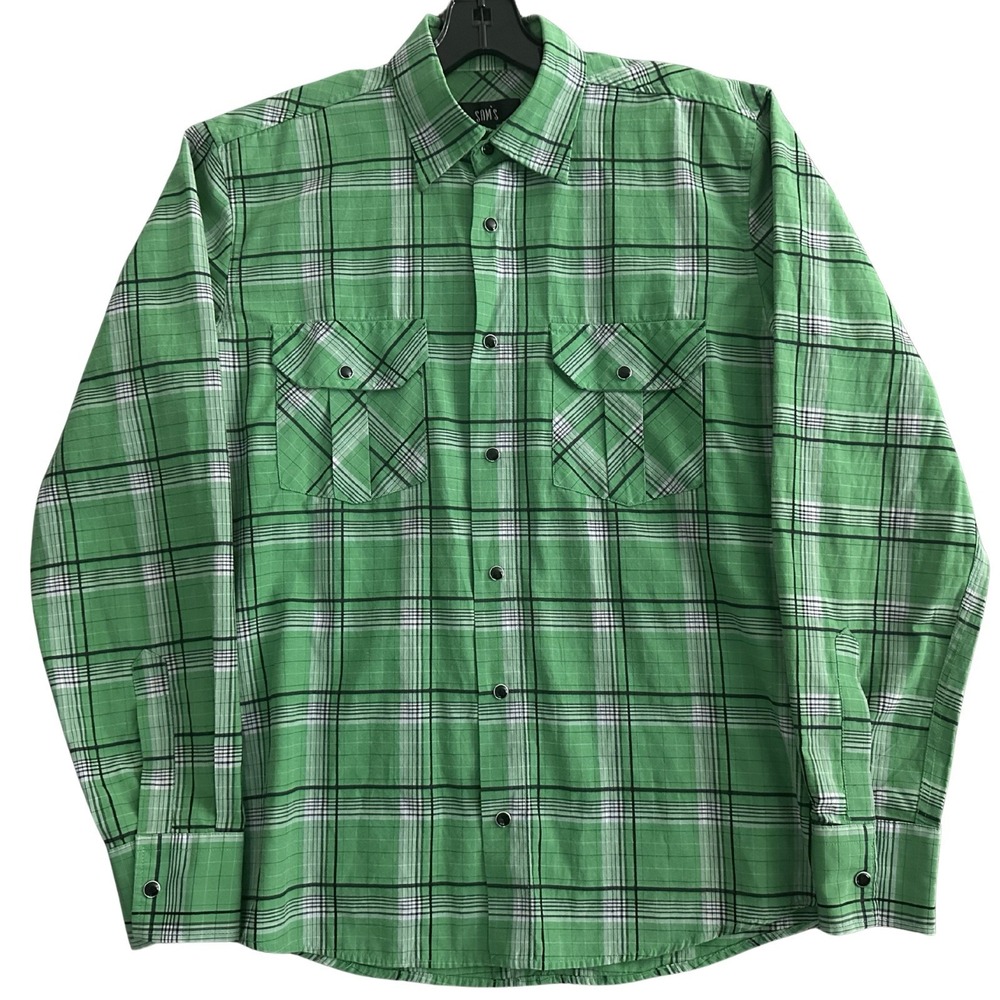 Western Pearl Snap Button Down Mens Med Lightweight Green Plaid Long Sleeve